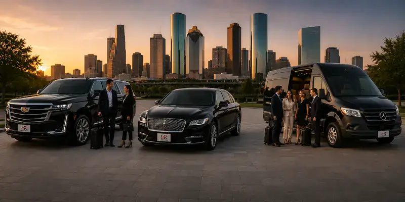 Luxury Cadillac Escalade, Lincoln sedan, and Mercedes Sprinter with Lavish Ride branding parked before the Houston skyline, showcasing premium ground transportation for business, airport, and group travel.